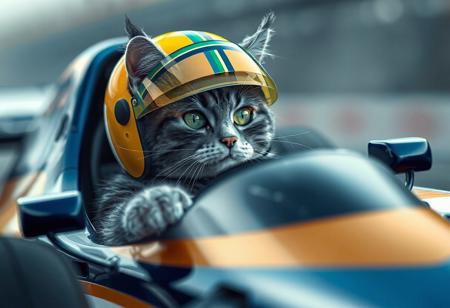 (masterpiece:1.2), (best quality:1.2), (realist), highly detailed, realistic texture, sharp details, extremely delicate and beautiful, realistic cg 8k wallpaper, cat driving a Formula1_car, [[gran prix]], [tabby cat], [[[grey cat, green eyes, white cheeks]]], [focus on eyes], wind on face, high-speed drinving,  cat using a helmet, njhmmmmmmkj [[[paw on steering_wheel]]], [[[yellow helmet with blue and green horizontal lines]]], Ayrton Senna, Williams_FW16, [[[1990's formula one]]], [(/blue:1.1/)/(white:0.7/)/(gold:0.3/) car], [[slightly side view]]
<lora:add-detail-xl:3>