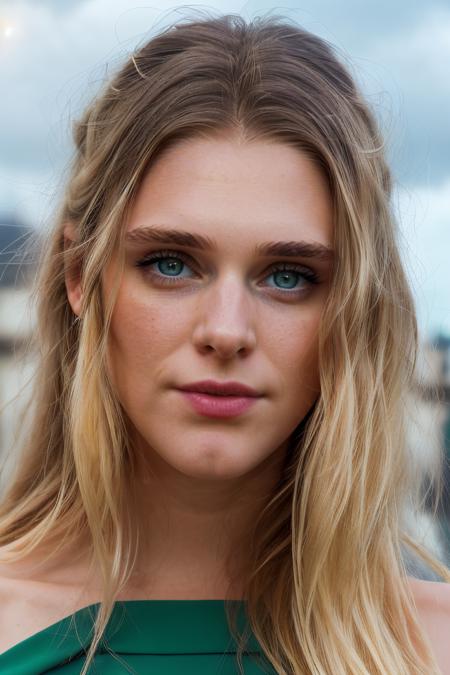 Professional photograph of GW Woman, close up, portrait, she has long blonde hair combed to the sides, she's standing on the balcony of her apartment in London, smiling at the viewer, wearing earrings, red lipstick and eyeliner, it's a toothy smile, light green eyes with beautiful iris. She's wearing a (black sundress). (landscape view of London city in the background), cloudy sky, ray-tracing, sunrays, photorealistic, 4k, 8k, masterpiece, by bokeh, absurdres, highest quality <lora:GaiaWeiss-1599-byMal:1>