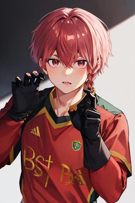 (masterpiece, best quality:1.2), solo, male focus, 1boy, kurona ranze, sharp teeth, looking at viewer, claw pose, red sportswear, black gloves <lora:bluelock_kurona:1.0>