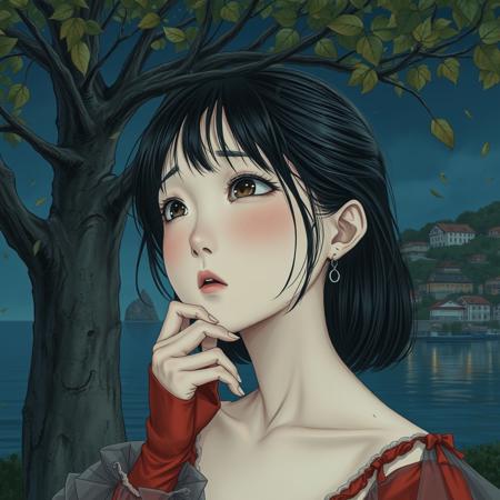 (photorealism:1.5)
Tomie Kawakami from Junji Ito collection,  thoughtful expression, gazing at the majestic tree, falling leaves,  calm coastal village in the background, night time, pale colors, high contrast, hyper-realistic, serene atmosphere, pensive pose, detailed, high-definition, reflective mood, peaceful setting,
slight freckles, long eyelashes, thick eyebrows, torn pelvic sheer curtain, bridal gauntlets, torn red dress,