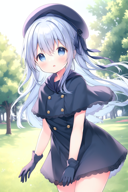 (masterpiece, best quality), (one cute girl) (solo:1.4), the background is (outdoors park trees), the girl wearing (short sleeves, ribbon beret, short navy blue gloves navy blue coat, short lace capelet:1.2), light blue (long hair:1.2), [[blue eyes]], (short sleeves short navy blue gloves:1.2), <lora:kamkuro3:0.8:char>kamidezachan, open mouth