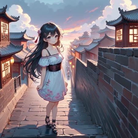 (((masterpiece))),  (((best quality))),  (((china style))),  (((busy old street with steps))),  wind,  cloud sky,  night,  solo,  1girl,  smile,  rosy lips,  short sleeves,  off shoulders,  qipao hanfu mixed,  (((collarbone))),  ((girl stand on top floor of city wall)),  teenager,  ribbon bunhair longhair,  hairclip,  ((petite figure)),<lora:EMS-221092-EMS:1.000000>