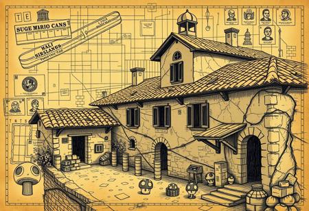 A 1920s architectural blueprint with a chaotic twist, sketched over a crumbling, Italian-style shanty with worn terracotta roofs and rustic stone walls. Intertwined with the blueprint are intricate designs of junk bonds, old stock certificates, and financial symbols, hinting at a time of economic collapse. Super Mario Bros elements sneak through the scene—iconic pipes, brick blocks, and pixelated mushrooms blend into the shanty’s Italian countryside charm. The scene is washed in warm sepia and olive tones, evoking a vintage Mediterranean feel, while playful Super Mario references bring a whimsical contrast to the classic Italian aesthetic