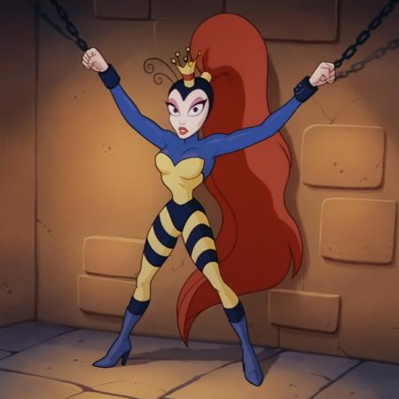 bodysuit, striped boots, high heels xqueenwhnx, red hair, very long hair, ponytail, crown, antennae, eyeshadow, lipstick, large breasts