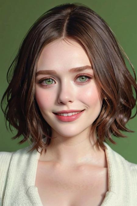 best quality, elizabeth_olsen, 1girl, solo, short hair, looking at viewer, smile, green eyes,teeth,   lips, portrait, realistic, simple background, upper body,