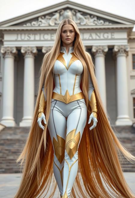 full-length photo of a real-life Godiva of the Justice League with voluminous amounts of extremely long sleek golden blonde hair that is longer than she is tall and is spread out on the ground. Wearing her white uniform standing in front of the Hall of Justice in the background. She sort of resembles Kaley Cuoco and Blake Lively