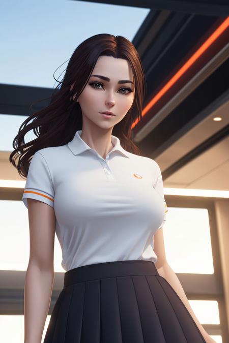 a photo of a stunning S052_HelgaLovekaty, in a (parking garage:1.2), wearing a (poloshirt:1.1) and a (skirt:1.1), (8k, RAW photo, best quality, ultra high res, photorealistic, masterpiece, ultra-detailed, Unreal Engine)