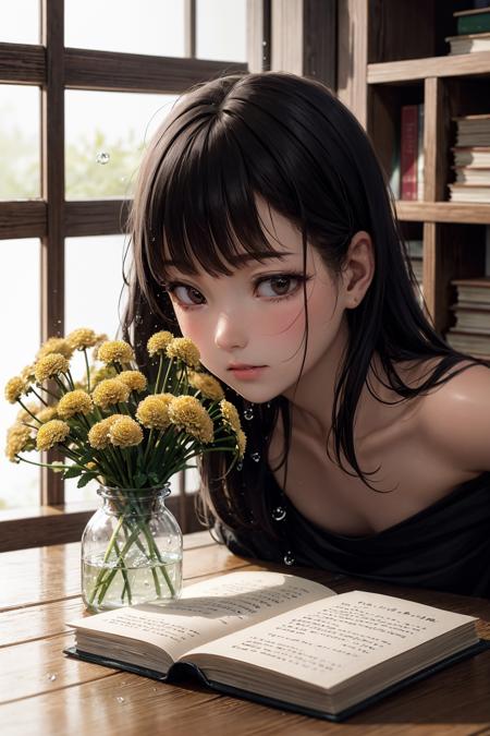 masterpiece, best quality,8K,realistic,
rainy day,girl,bored,dried flower specimens digital painting,bright colors,realistic style,close-up,focus on girlâs face and flowers,soft lighting masterpiece,best quality,1girl,solo,brown hair,shoulder-length hair,clean face,detail and beautiful eyes,sad expression,resting chin on hand,looking at viewer glass window,raindrops on glass,blurry background,dark gray sky wooden table,several books and papers,dried flower specimens in glass jars and frames,various species and varieties of flowers1,such as immortels,helichrysum,helipterum,ammobium,xeranthemum,anaphalis,gomphrena,yarrows