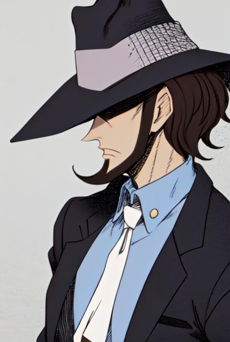 <lora:Jigen1:0.8>, 1boy, Jigen Daisuke, beard, hat, black hair, white necktie, blue shirt, black jacket, fedora, (hidden eyes:1.1), from side, portrait