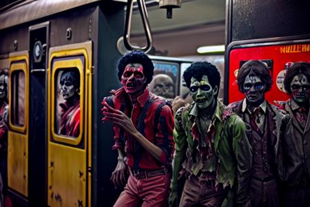 mjthriller zombies waiting for a train in a metro subway station, intricate detail, detailed face, very sharp, high quality, professional photography  <lora:hjmjthriller_v10-000003:0.8>