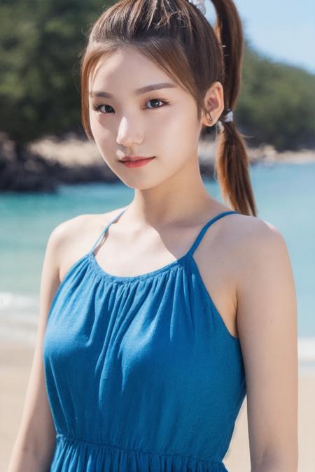 20 years old woman, bokeh, (photorealistic:1.4, realistic), highly detailed CG unified 8K wallpapers, 1girl, ((slender body:1)),  ((small breasts:0.8)), looking at viewer, (HQ skin:1.4), 8k uhd, dslr, soft lighting, high quality, film grain, Fujifilm XT3, ((upper body shot:1.2)), ((blue dress)), (((outdoor, at beach))),  <lora:itzy-yeji-V1:0.9> ((brown ponytail hair))