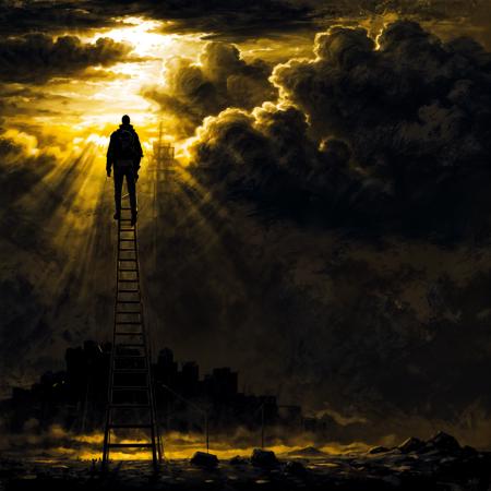 man climbing a endless ladder that disappears amongst the clouds, high quality, hopeless, concept art, disco elysium painting style, expressive brush marks, low angle dramatic shot, cinematic, DarkSpheraStyle <lora:DarkSpheraStyle:0.6> <lora:more_details:1> CS-YBF
