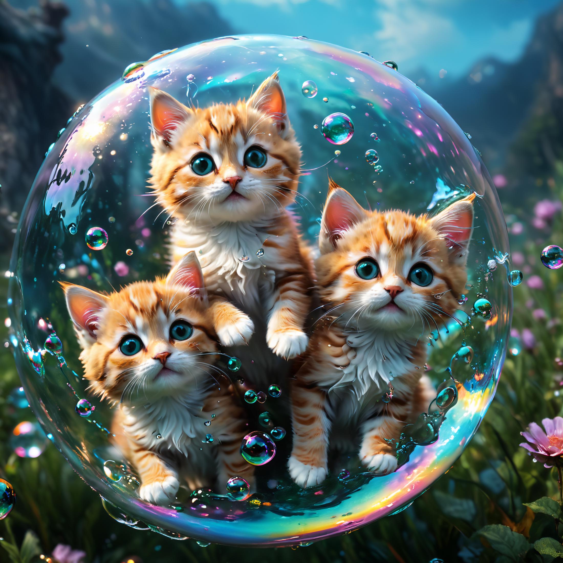 Three Kittens Inside a Bubble, with One Paw Sticking Out