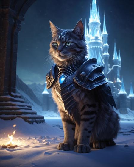 cinewow death knight cat,((masterpiece)),(best quality),awardwinning,trending on artstation <lora:cinewow:0.8>,winter,castle in the background,cinematic,glowing effects