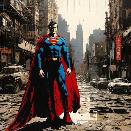 score_9, score_8_up, score_7_up, style of Frank Miller, Superman, hand on hips, facing viewer, heroic pose, rad cape flapping, masculine, hero physique, city background, traditional media, detailed, masterpiece,