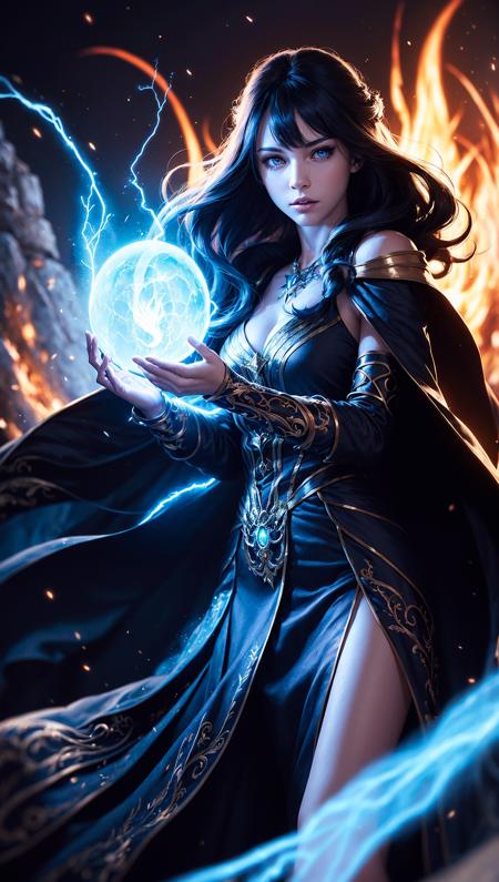 ((1girl)), sorceress, magic, wearing a long dress made of lights, magical forest, with flowing, (((fire)) magic), tight sorceress clothes, magical clothing, (((flowing hairstyle))), (((glowing eyes))), wearing cloak, ((bokeh)), depth of field, <lora:LightningVFX v1:0.2>