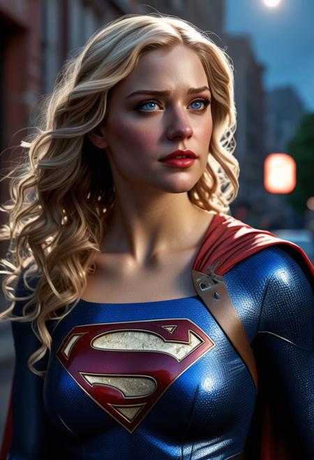 High resolution ultra-realistic of beautiful Supergirl White with wavy blonde hair, Greg Rutkowski, Intricately Designed Handsome cute face, Realistic beautiful blue eyes, Atrractive 21 years old woman, DC Comics, Supergirl in a dramatic scene under a full moon on a dirty Metropolis street, full body, Intricately Designed combat costume, 8K, ultra-realistic body, defiant and seductive, Cinematic Lighting, sharp focus, digital painting, Photograph Taken on Nikon D750, Alphonse Mucha, 8K, athletic figure, Hyperdetailed, hyperrealism, Hyperdetailed, hyperrealism, aesthetics comics movie