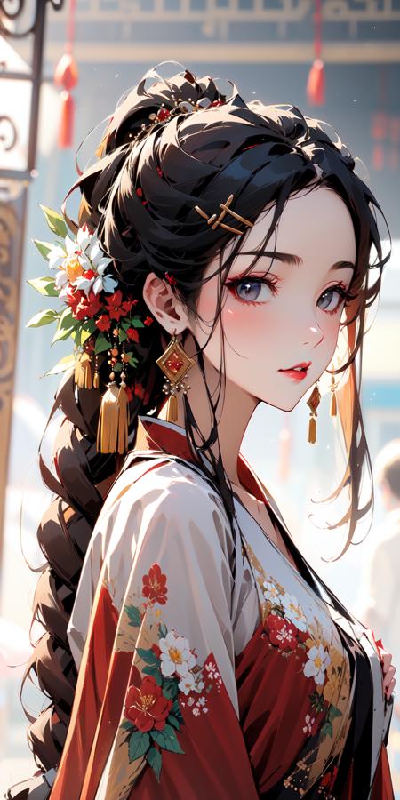 (masterpiece:1.2),best quality,PIXIV,Chinese style,
1girl,solo,hair ornament,long hair,jewelry,looking at viewer,earrings,long sleeves,braid,chinese clothes,blurry background,flower,dress,red dress,blurry,upper body,from side,hair flower,tassel,bangs,closed mouth,black hair,floral print,tassel earrings,hairclip,ponytail,white flower,makeup,brown hair,braided ponytail,sash,red lips,breasts,