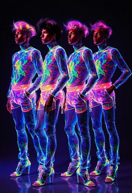 4 braziliaN Male models  , all identical but in different stances , crystallisation, schizophernia, bioluminescent Jem the Hologram, surreal psychedelic flowing avant-garde art by Yoh Nagao and Erik Madigan Heck and Alan Aldridge, 1980's new wave totally radical fashion.,side view, side eye, slot skirts , high heels.  Athletic