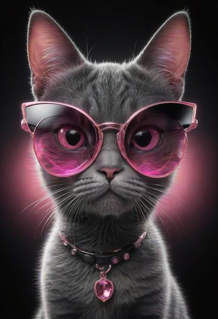 (best quality, 8K, high resolution, masterpiece), ultra detailed, (3D CGI), a beautiful pair of sunglasses, trendy, fashionable, pink, silver and black stylized Cat-eye shape, on a black background, countryside advertising, winning photo,