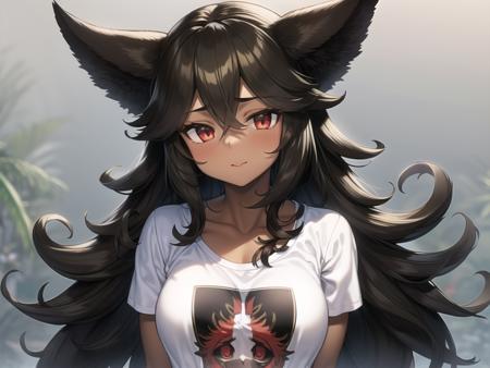 1girl, dark skin, cerberus, black hair, messy hair, t-shirt, looking at viewer,
short sleeves, upper body,
<lora:houtengeki_new_scale0.85:1>