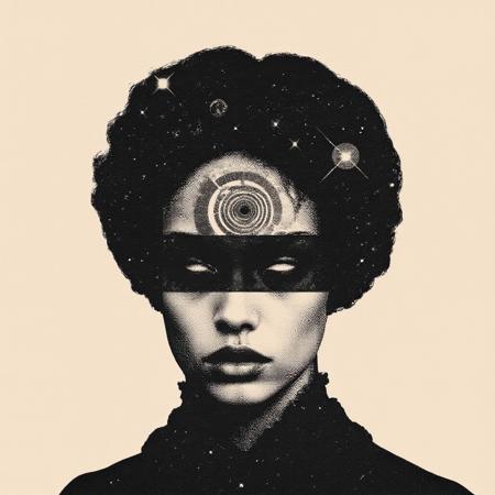 A surreal digital artwork featuring a woman's face and upper body merged with a cosmic and astronomical theme. The woman has a pale complexion and intense, glowing eyes. Her face is divided into sections, with one part showing a spiral pattern and another part revealing a textured, black-and-white starry night sky. The background is a light beige color, and the image has a vintage, high-contrast feel.