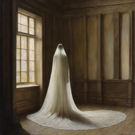 johnmortensen drawing of a long shot of a woman with a white veil on her face in a white room, Annie Leibovitz, hyper detailed octane render