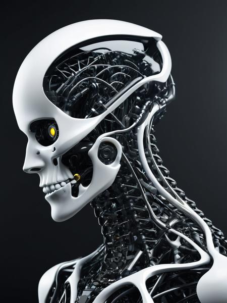 An enthralling 3D render unveils a dark fantasy mechanical neck spine system, envisioning a futuristic and sinister concept. The spine is intricately detailed, incorporating fiber optic neurons that interconnect with a polished, transparent helmet. The helmet houses electronic-optical eyes that emit a subtle, enigmatic glow, contributing to the ominous appearance. The design masterfully merges advanced technology with the macabre, eliciting a sense of enigma and captivation. This conceptual artwork prompts the viewer to contemplate the intersection of technology and dark fantasy, evoking a blend of fascination and discomfort.