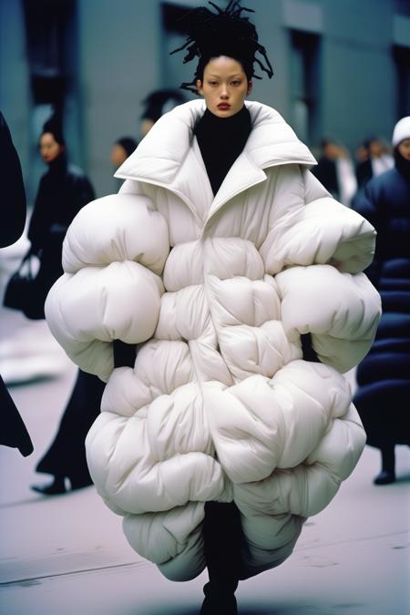 <lora:Avant-garde Fashion:1>Avant-garde Fashion - streetstyle photograph of a runway model in new york puffy clothes from spring 1999, Yohji Yamamoto's featured a distinctive aesthetic that combined design elements with a monochromatic color scheme. In this specific runway photo, the garments showcased are white. portra 400