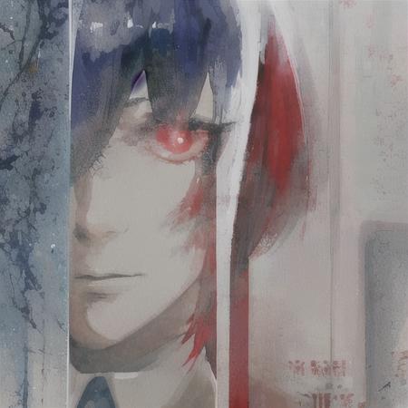 (touka_kirishima), red eyes, 1girl,flamboyant, style of sui ishida, tokyo ghoul, zoomed in on face, focused on face, blue highlights,looking at viewer,watercolor, aristocratic youth,  <lora:TKG_Sui Ishida:1>  <lora:toukaKirishima_v10:1>