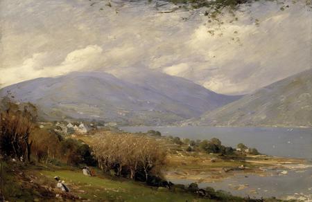 (style of Charles Conder:1), scene painting,a painting,scenery, coppice ,patch ,orchard , Fjord ,