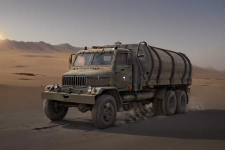 (military cargo truck v3s:1.1)  <lyco:v3s-loha-a9:0.7> ,  volumetric lights, mist, cinematic, desert, sunrise, sun low