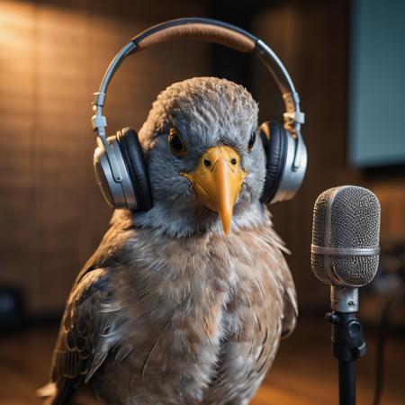 A photograph of a bird wearing headphones and speaking into a high-end microphone in a recording studio., Carlos Catasse, award - winning photography, a stock photo, art photography,action shot, nude, sunlight, wide angle,<lora:EnvyActionShotXL01:0.5> 8k, F2.8, RAW Photo, ultra detailed, real life <lora:xl_more_art-full_v1:0.8>