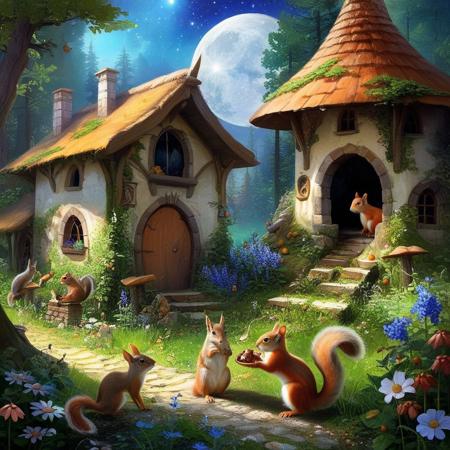 Impressionism, whimsical and ethereal concept art, landscape creator, abandoned elven village in the forest, overgrown gardens, squirrels storing nuts, extremely detailed, vibrant dream, pale reality, linquivera, liiv1, magnificent, celestial, ethereal, painterly, epic, majestic, magical, fantasy art, cover, dreamlike, painterly, small brushstrokes, visible brushstrokes, impressionist style