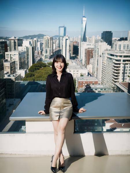 pebin, skirt, posing for a picture, rooftop, balcony, (looking_at_viewer:1.2), upper body, cityscape background, smiling, (8k, RAW photo, best quality, masterpiece:1.2), (realistic, photo-realistic:1.37), professional lighting, photon mapping, radiosity, physically-based rendering, octane render, <lora:PEBin:1>