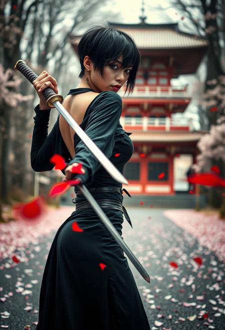A chic and mysterious scene featuring a hippie woman with short, black hair and a sly glance over her shoulder, half-turned. She is dressed in an avant-garde, Gothic-inspired Hans Rudi Giger-esque fashion, with a touch of traditional samurai attire. The woman wields a katana, causing red paint to fly off as she swings it, creating a motion effect. The background is a blurred exposure of a Buddhist pagoda in a forest, with fallen sakura petals lining the avenue. The atmosphere is a mix of fashion, cinematic flair, and a hint of surrealism., photo, fashion, cinematic