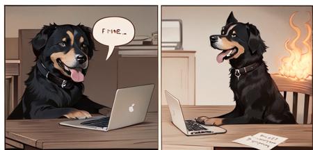 <lora:this-is-fine:1>, 2 panel comic strip, this_is_fine, fire, laptop, english text, "this is fine" , office, sitting, dog, speech bubble