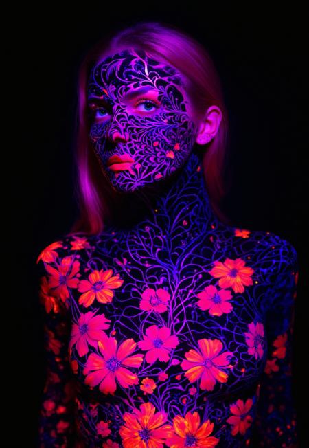 A model with digital floral patterns on her skin, illuminated by black light in vibrant colors, creating an otherworldly effect against the dark background. The design includes bold flowers and circuitry elements for a modern style of photography.