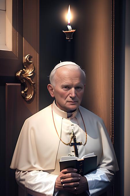 8k, raw, best quality, masterpiece:1.2,realistic, portrait of jp2v1 as old pope , in one hand he holds a decorated candle and in the other a holy bible, epic lighting, ray tracing, octane render, slightly blured Sistine Chapel in background, with professional color grading, soft shadows, bright colors, <lora:jpv2:1>