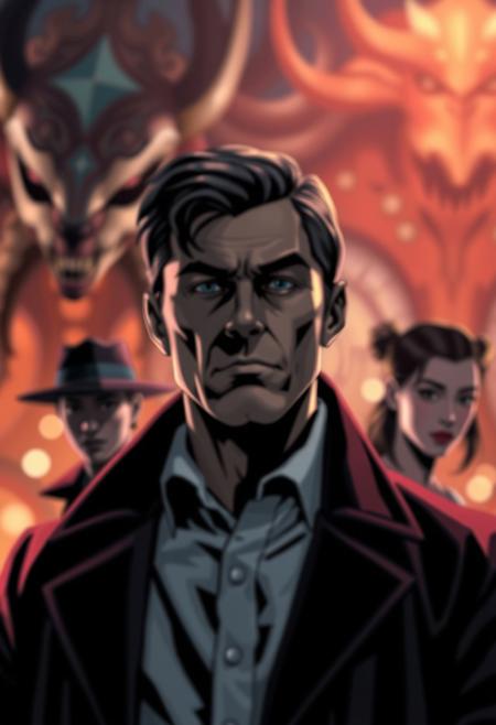 Modern flat design: blurred bokeh effect, sharp subject focus, soft background, simple two-dimensional shapes. Supernatural detective story, otherworldly elements in hyper-detailed backgrounds, protagonists in crisp comic book shading.  Moody cinematic lighting, eerie setting, bold composition, muted palette with sharp dialogue, high-contrast drama.