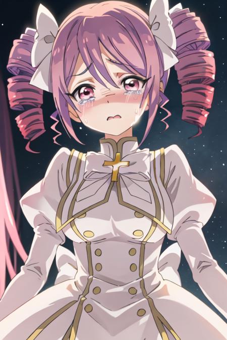 best quality, masterpiece, highres, solo, {pino_jashinchandropkick:1.15}, drill_hair, pink_hair, twin_drills, ribbon, twintails, hair_ribbon, cross, pink_eyes, 1girl, blush, closed_eyes, crying, tears, wavy_mouth, open_mouth, parody