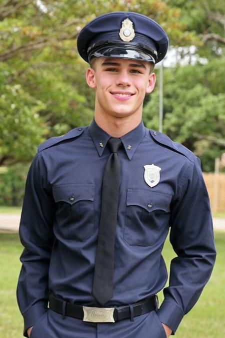 realistic, sfw, an attractive 18 years old fit caucasian boy standing, smug, full body shot, police uniform, <lora:Daniel_Thompson_Jr:0.7>, Daniel Thompson Jr,