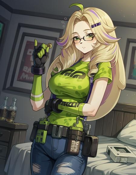 <lora:zzz-asha-ingame-ponyxl-lora-nochekaiser:1>, asha, long hair, blonde hair, hair ornament, green eyes, ahoge, multicolored hair, glasses, hairclip, streaked hair, large breasts, shirt, gloves, black gloves, belt, pants, fingerless gloves, torn clothes, denim, jeans, green shirt, torn pants,