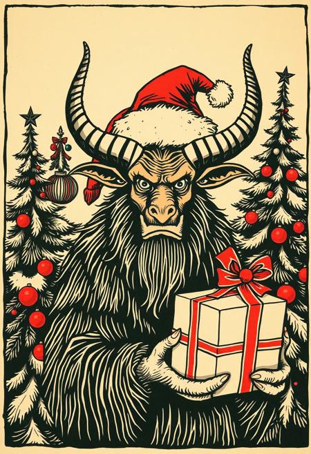 Woodblock print of Krampus wearing a Santa hat and holding Christmas present in front of decorated Christmas trees. Looking at viewer. woodcut. linocut. no text