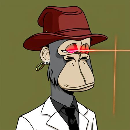 BAYC, ape, solo, flat yellow background, deadpan, red hat, hoop earring,  black tie, lab coat, laser eyes  <lora:BAYC_LoRA:0.75>