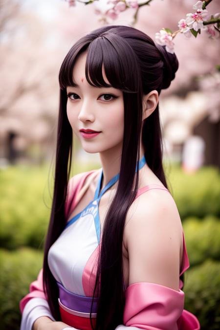 ltra-detailed,highly detailed,best quality,masterpiece,illustration,realistic,photorealistic,
liumengli, 1girl, solo, cosplay, 
hanfu, chinese clothes, wide sleeves, long sleeves, sash, hair ornament, 
long hair, black hair, hair bun, blunt bangs, sidelocks, 
looking at viewer, upper body, facial mark, light smile, 
outdoors, grass, flower, day, cherry blossoms, tree, sunlight, photo background, rock, 
 <lora:liumengli_v1_06:0.7>