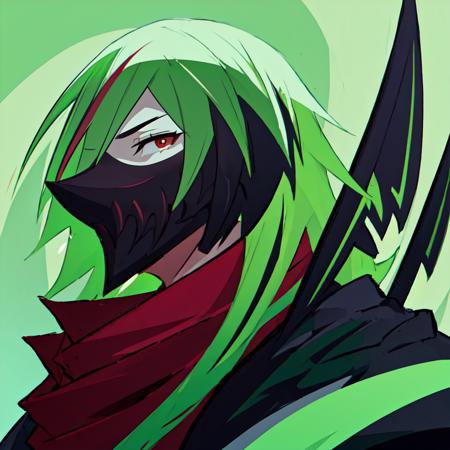 (masterpiece, top quality, best quality, beautiful, and aesthetic:1.2) portrait shot, vo1k, 1boy, posing, male, looking at viewer, mask, red eyes, green hair, multicolored hair, <lora:vo1k-000009:.9>