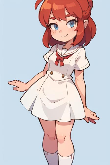 1girl,  <lora:WendyW:0.7>,  wendyw, striped socks, white and blue dress, red hair