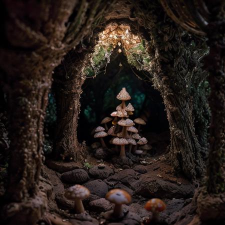 (masterpiece:1.2), (best quality,:1.2), 8k, HDR, ultra detailed, ((photorealistic)), professional light, cinematic lighting, fashion photography, ambient lighting, <lora:detail_slider_v4:4>, a magical mushroom cave, FanUn, <lora:FantasyUnderground-10:1>, epiCPhoto,