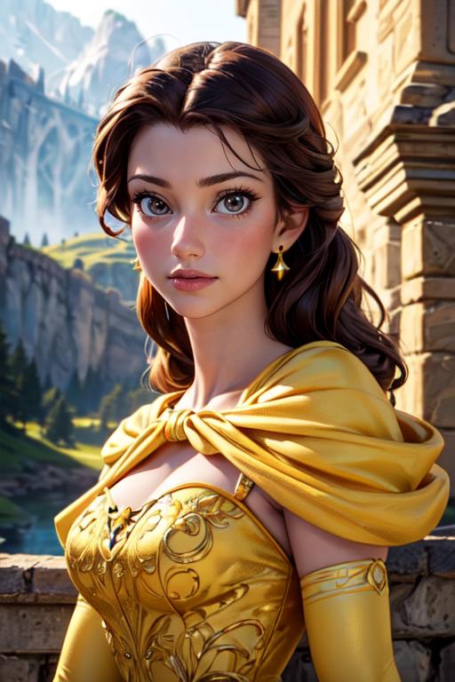 A beautifully rendered animated character wearing a yellow dress and earrings.